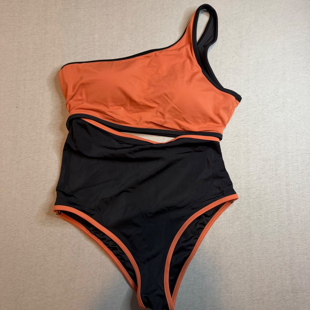 Victorias Secret One Shoulder Cutout One Piece Swimsuit Orange Black Size L